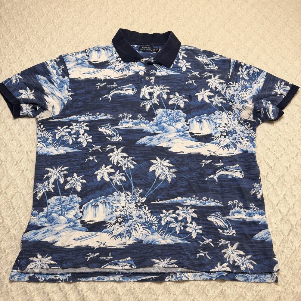POLO RALPH LAUREN Polo Shirt Men Large Blue Hawaiian Tropical Fishing Resort 2XB